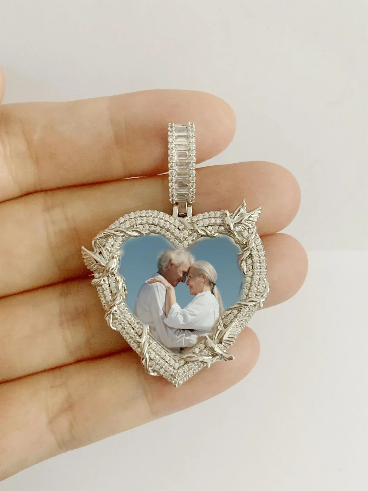 4ct Lab Created Diamond Custom Heart Memorial Photo Pendant 14k Gold Plated 2″