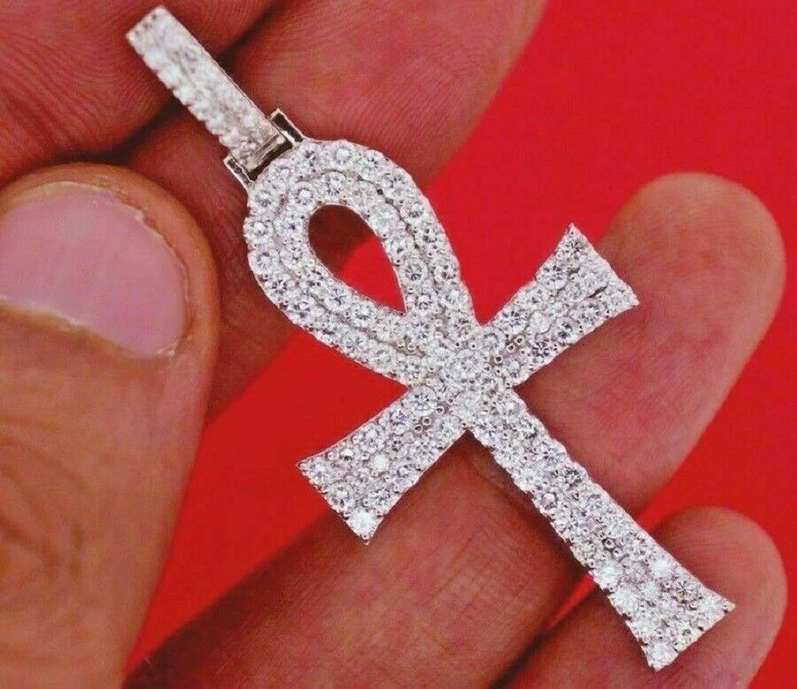 14k White Gold Over 3Ct Round Cut VVS1 Diamond Ankh Cross Pendant Without Chain