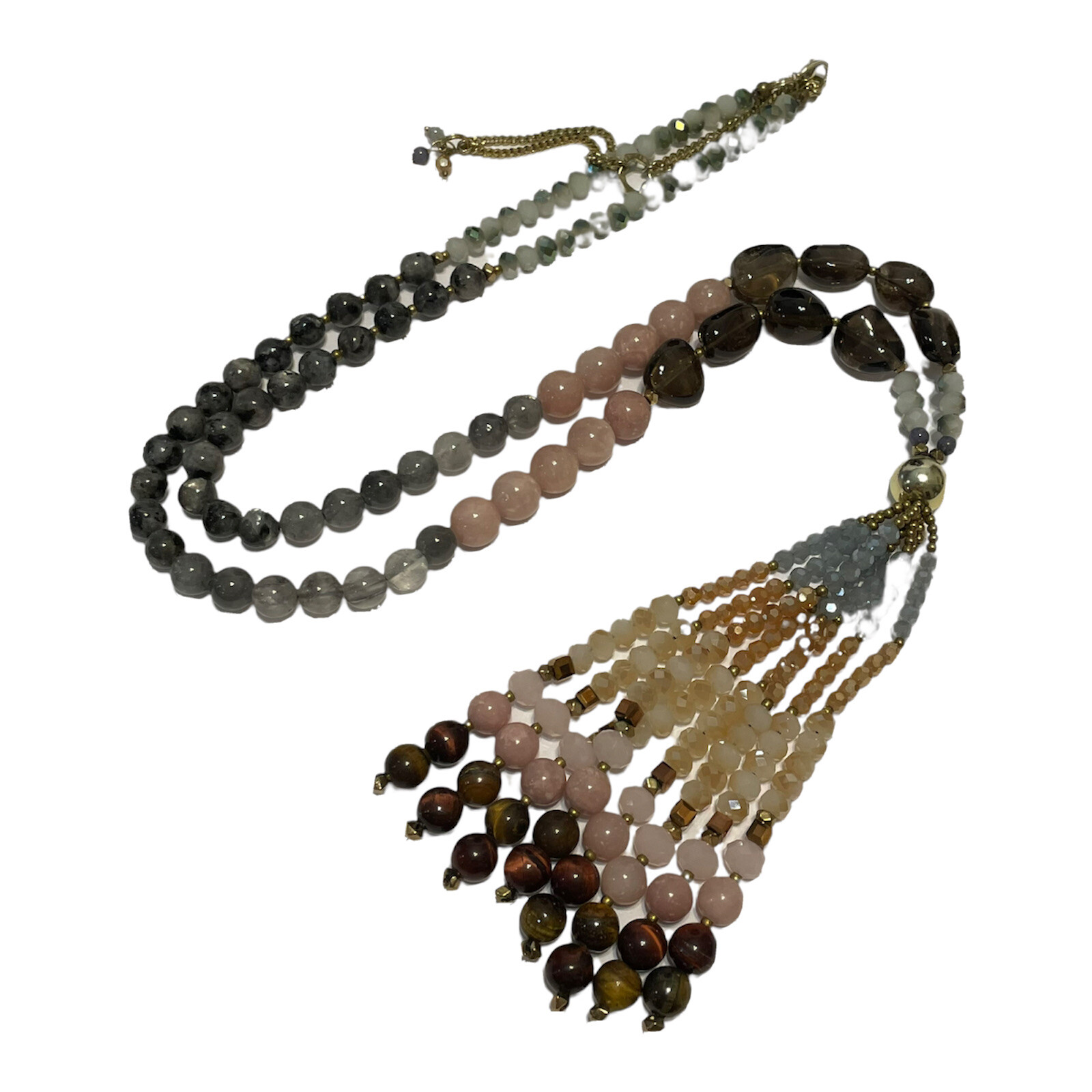 31-36” long tassel Beaded Necklace natural stones smoky rose quartz Tigers eye