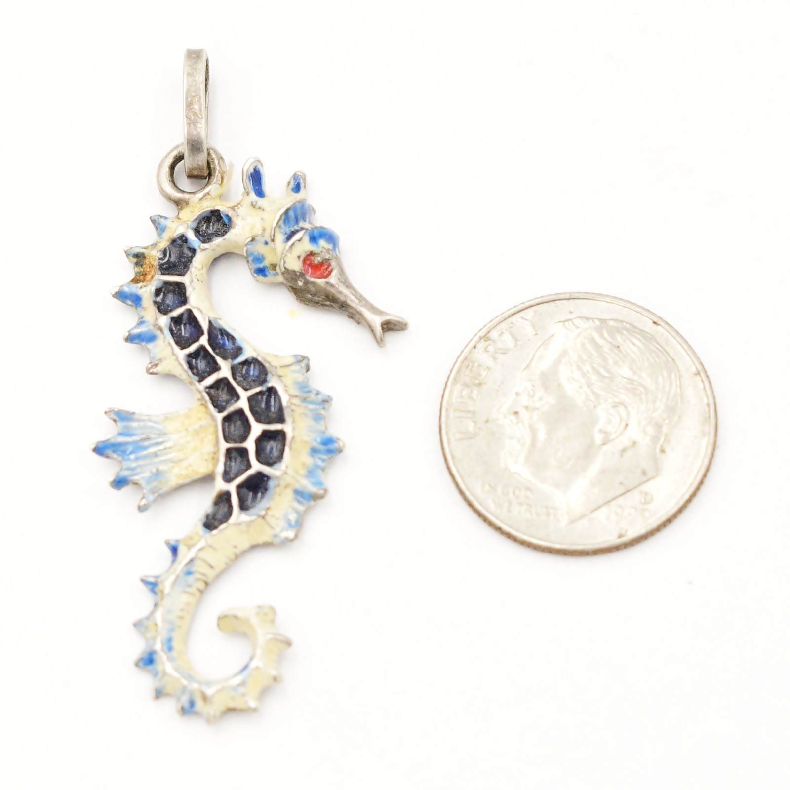 Sterling Silver 925 Mexico Enamel Seahorse Sea Life Beach/Nautical Pendant