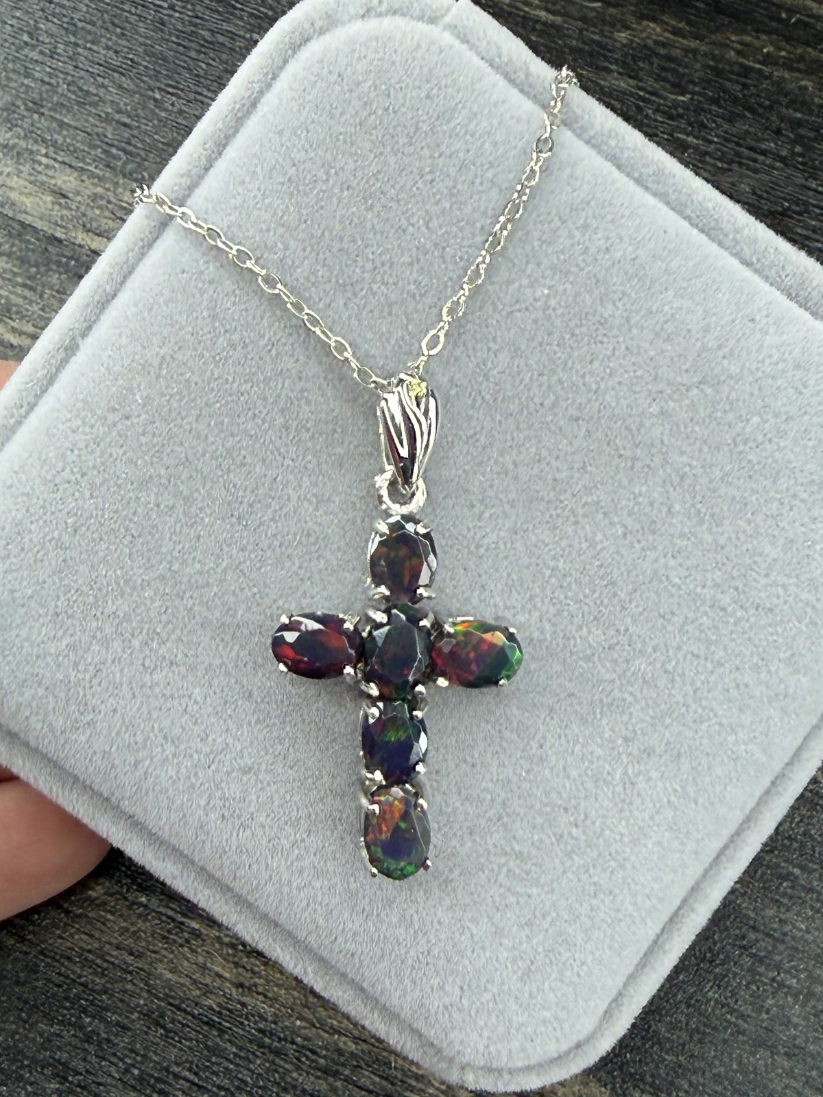 Stunning Natural Rainbow Black Opal Cross 3CT Pendant Necklace 925 Sterling