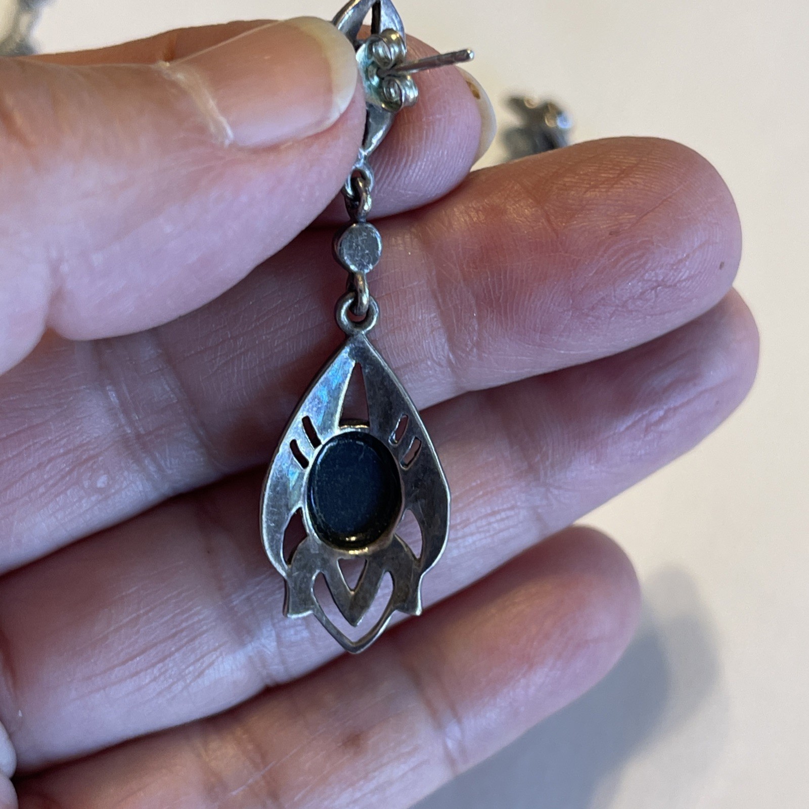Vintage Sterling Silver Black Onyx Marcasite Filigree Pendant, Chain & Earrings