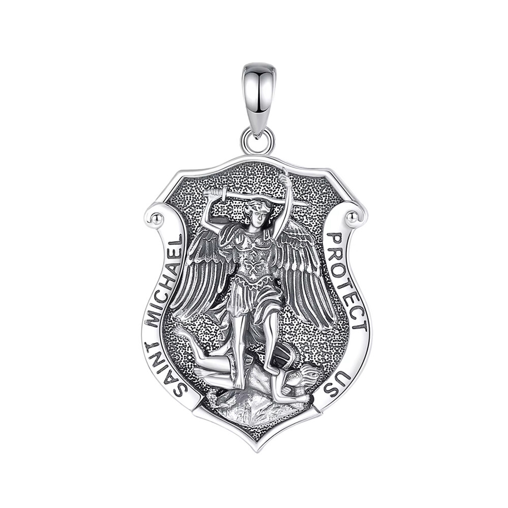 MLD 925 Sterling Silver Saint St Michael Shield Medal Pendant Necklace