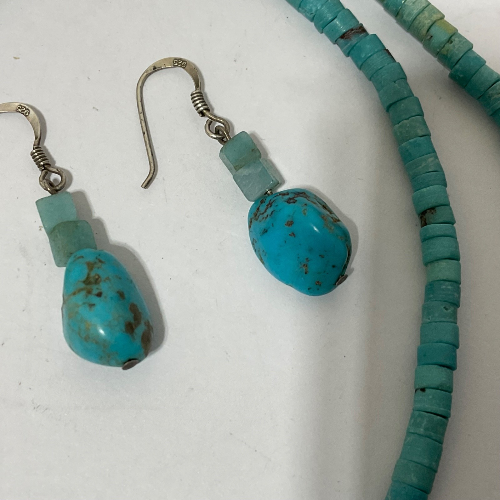 Artisan Turquoise Heishi Bead Collar Necklace Sterling Silver Gift Earrings 925