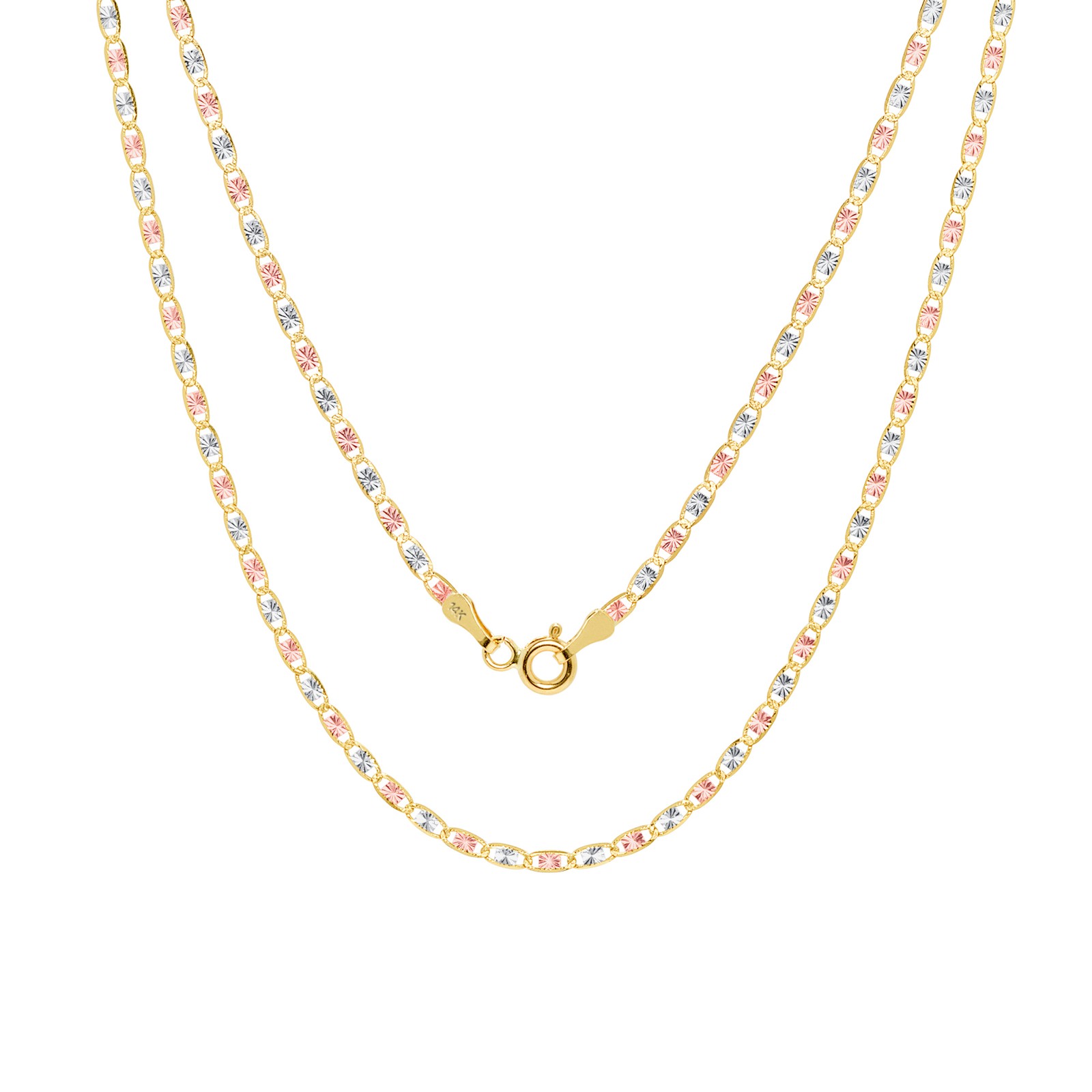 14K Solid Tri-color Yellow Rose White Gold 2mm Valentino Chain Necklace 16″- 24″