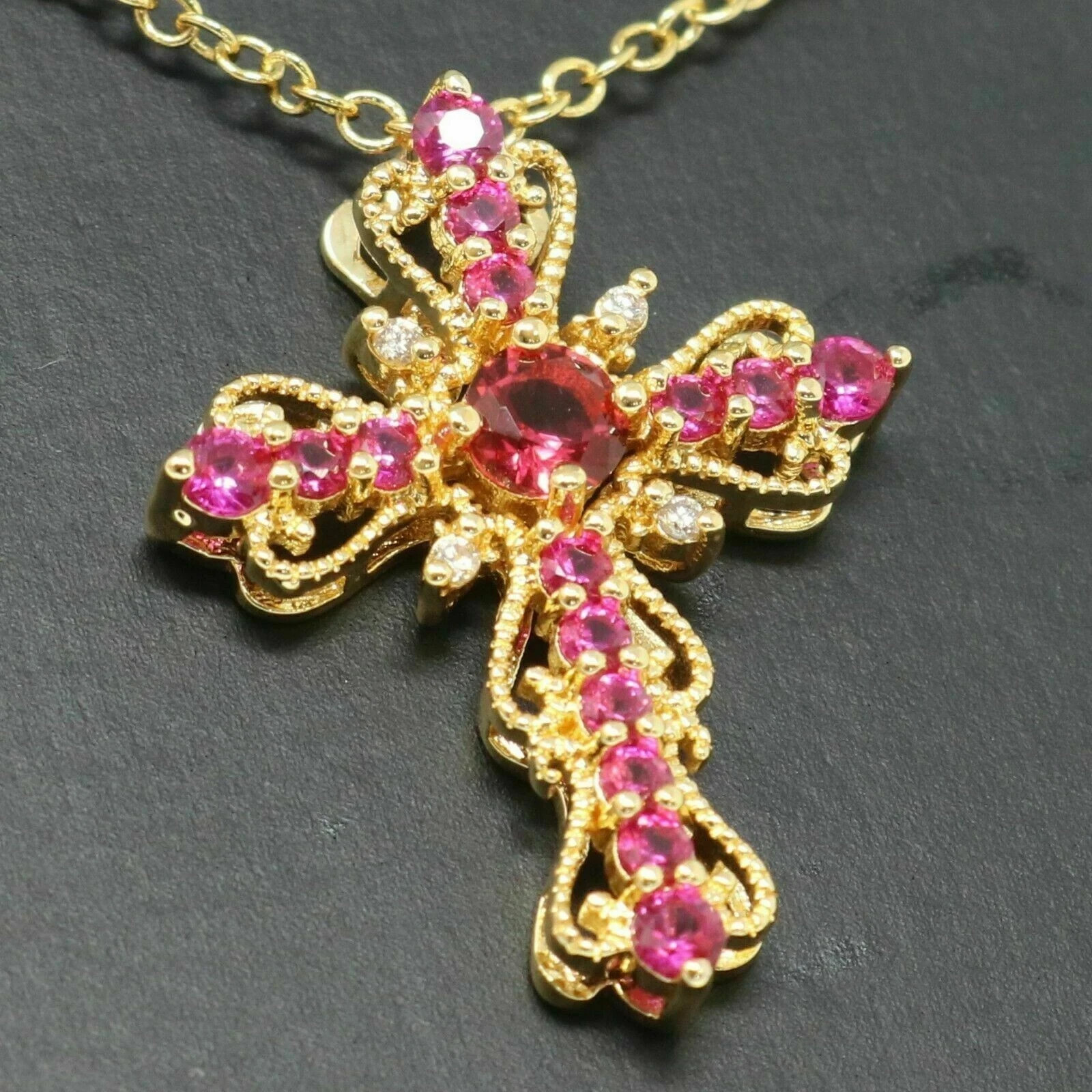 3Ct Round Cut Red Ruby Diamond Cross Pendant 14K Yellow Gold Over 18″Free Chain