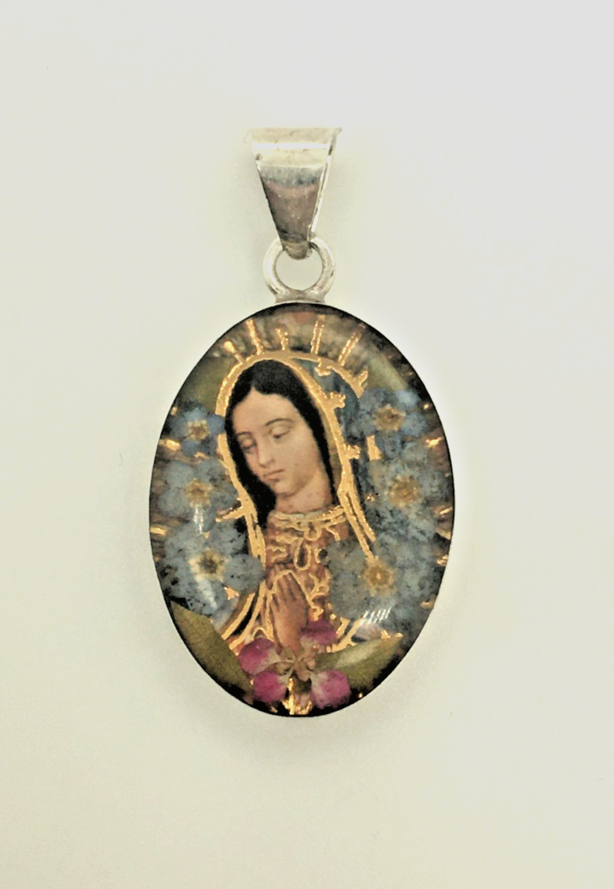 ATI Sterling 925 Silver Resin Mother of Mary Pendant with Pressed Flowers