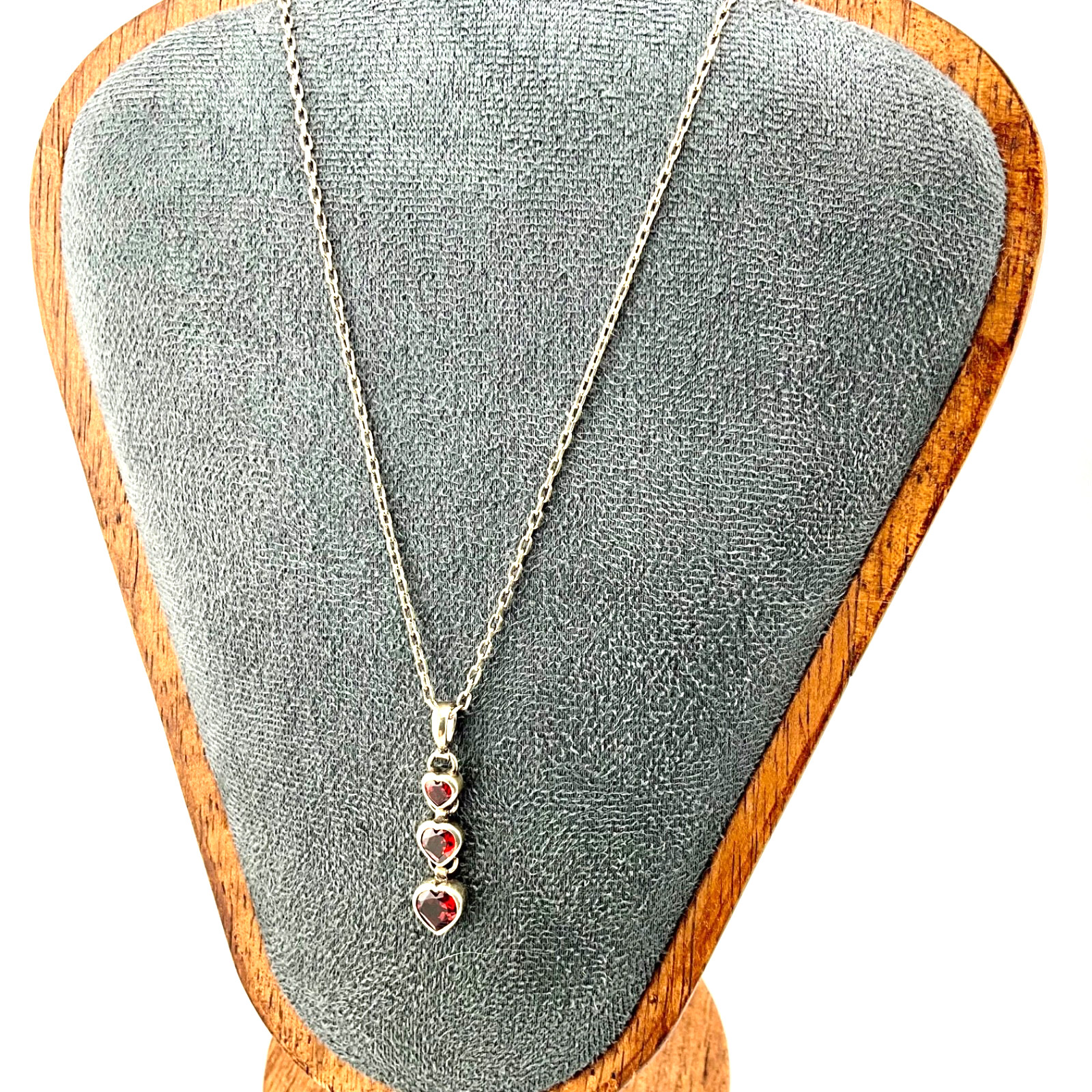 Minimalist Sterling Silver Three Heart Pendant Red Garnet with 17” Chain