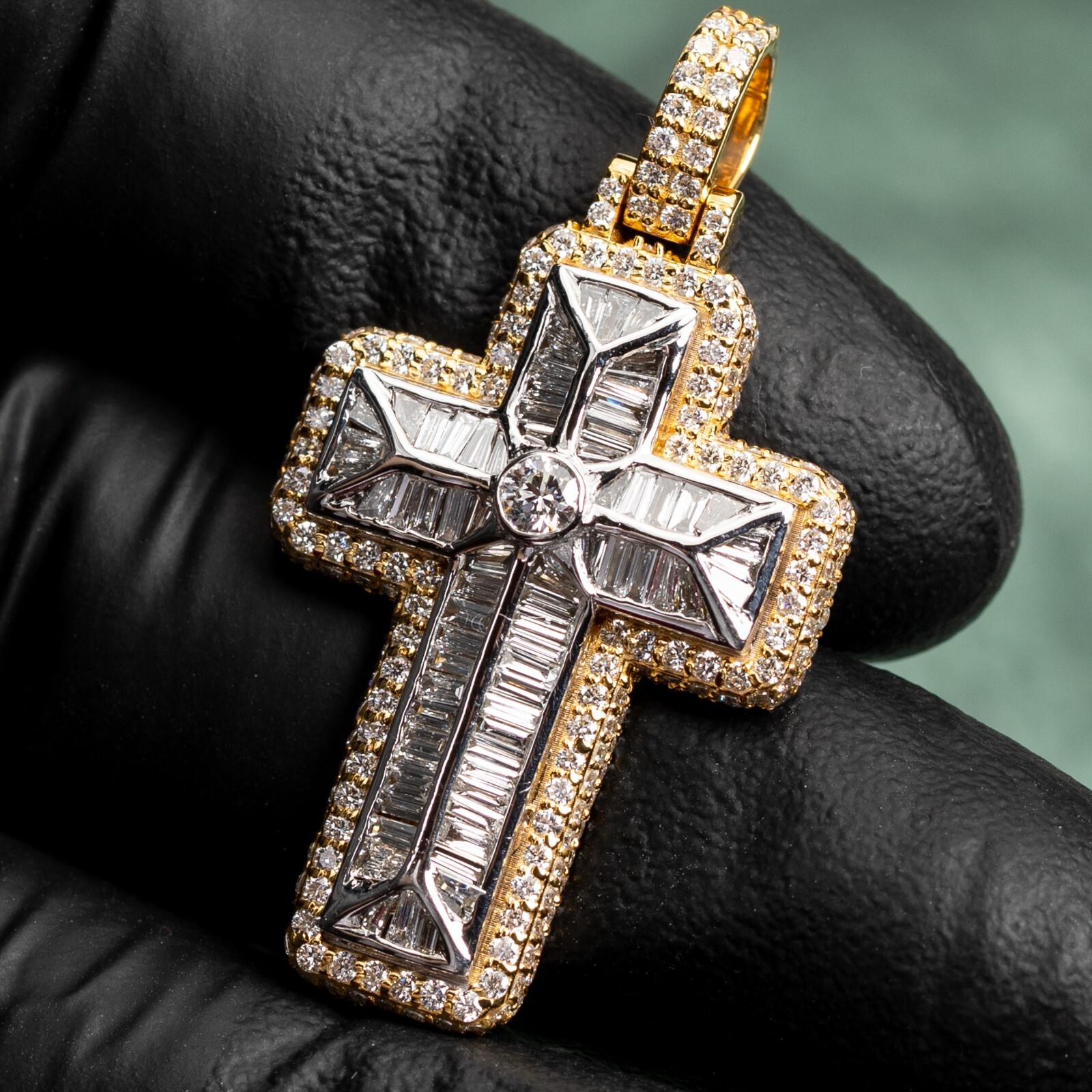 Fully Iced 4Ct Two Tone 14K Yellow Gold Baguette And Round Diamond Cross Pendant