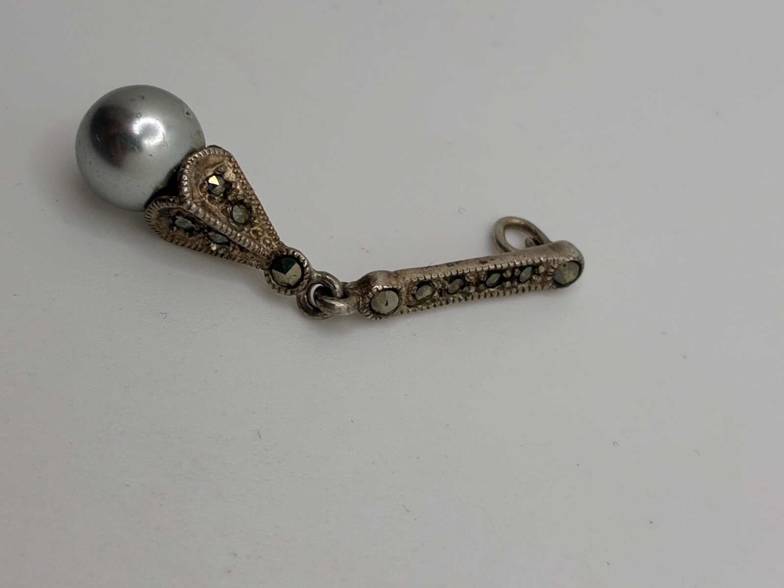 Marcasite Sterling Silver 925 Drop Pendant Silver Pearl Vintage Estate Sale