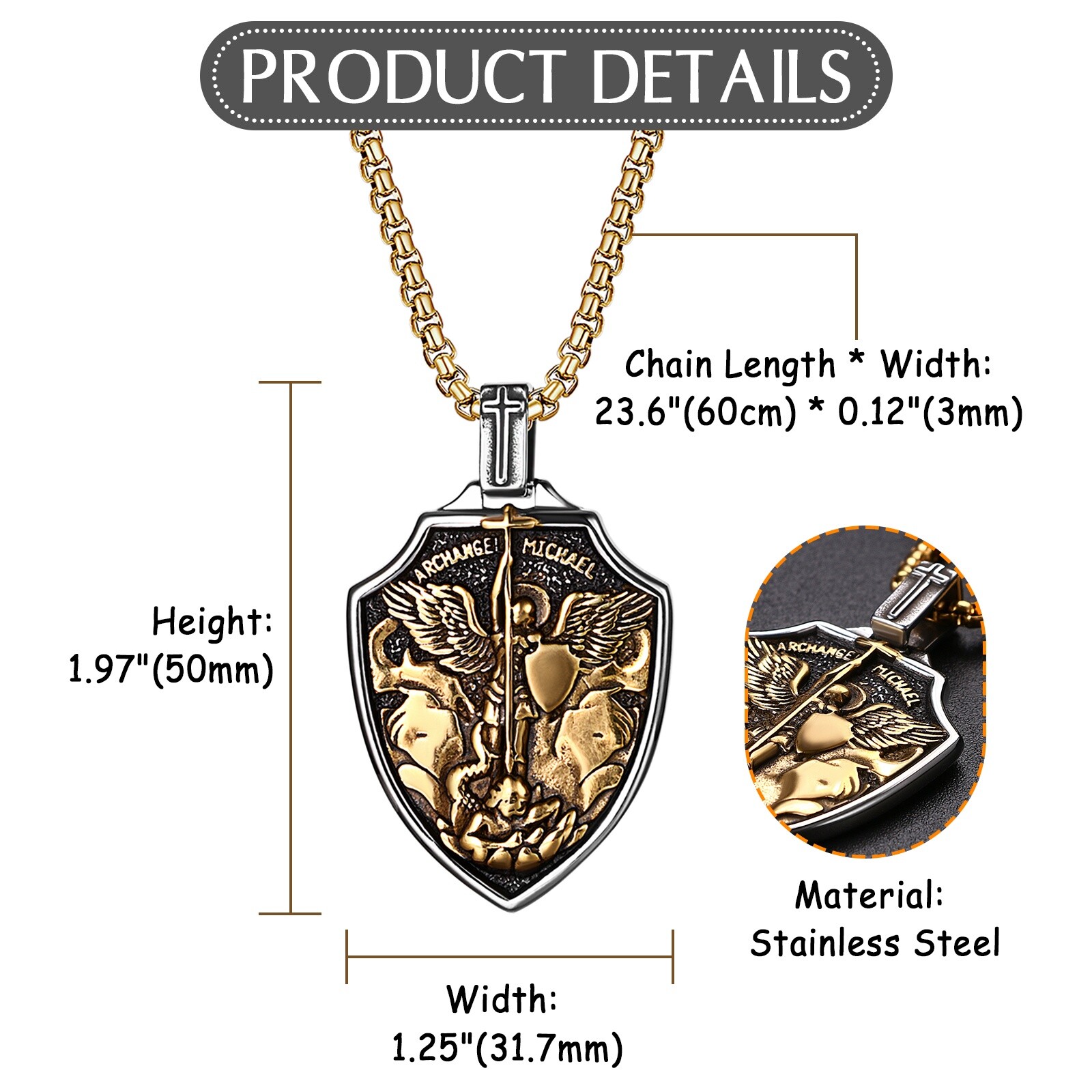 Men Stainless Steel Shield Archangel Saint Michael Medal St Jude Amulet Necklace
