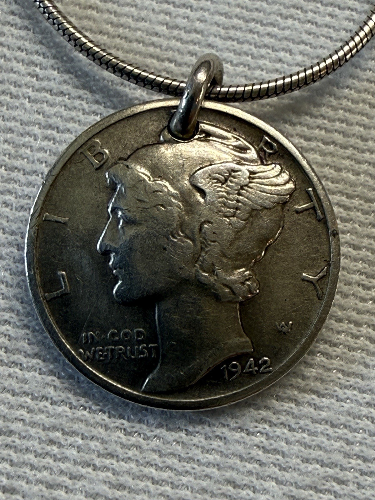 1942 Sterling Silver Coin Pendant On 18” Snake Chain 925 Sterling Silver