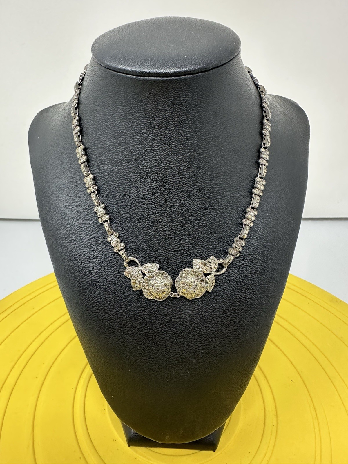 Sterling Silver Marcasite 2 Rose Pendant Choker Necklace Elegant Chic 33g 16 In
