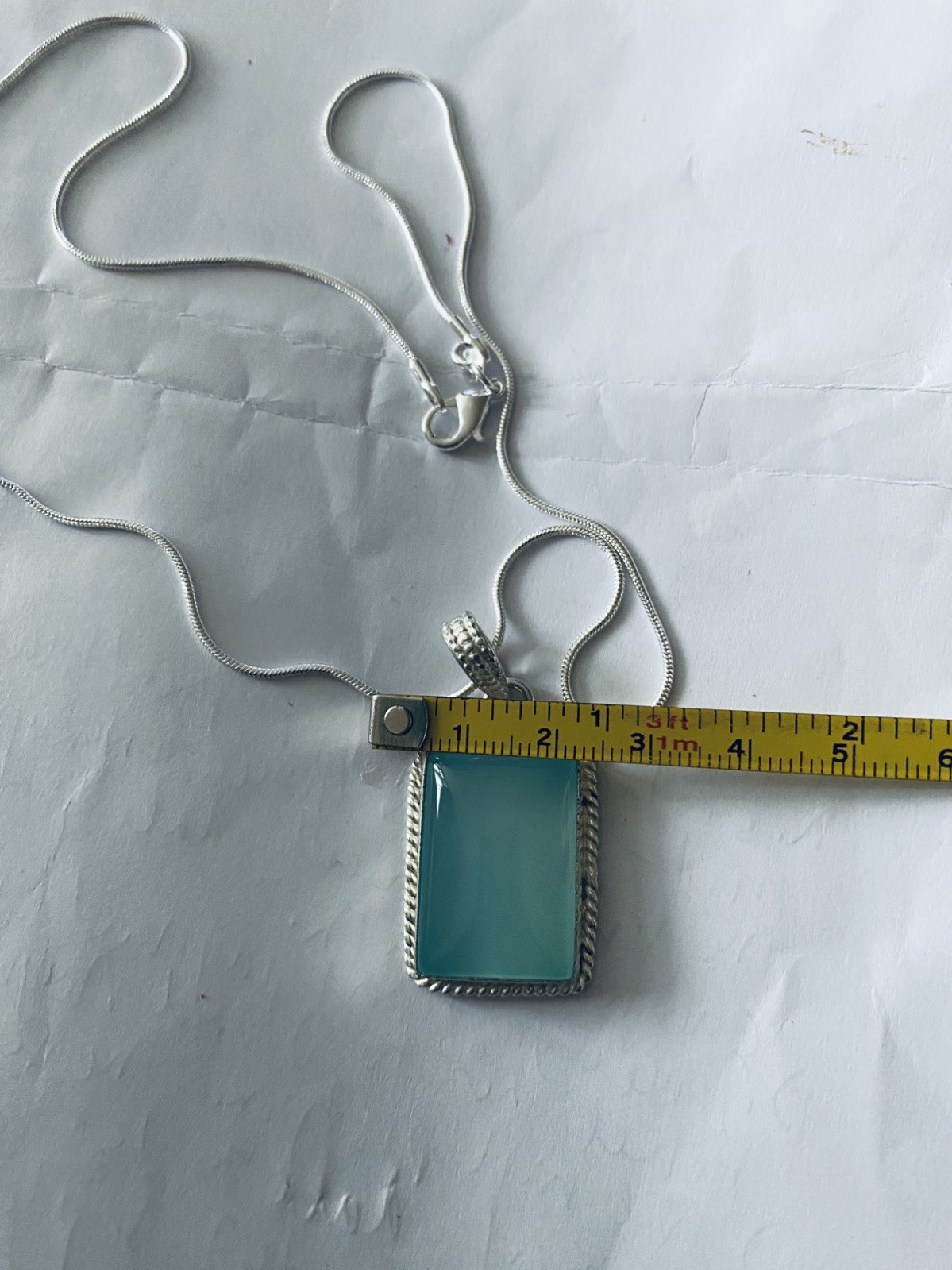 Vintage big Aqua Chalcedony Pendant 925 Silver 20”chain.4×2.5cm UK Seller VGC