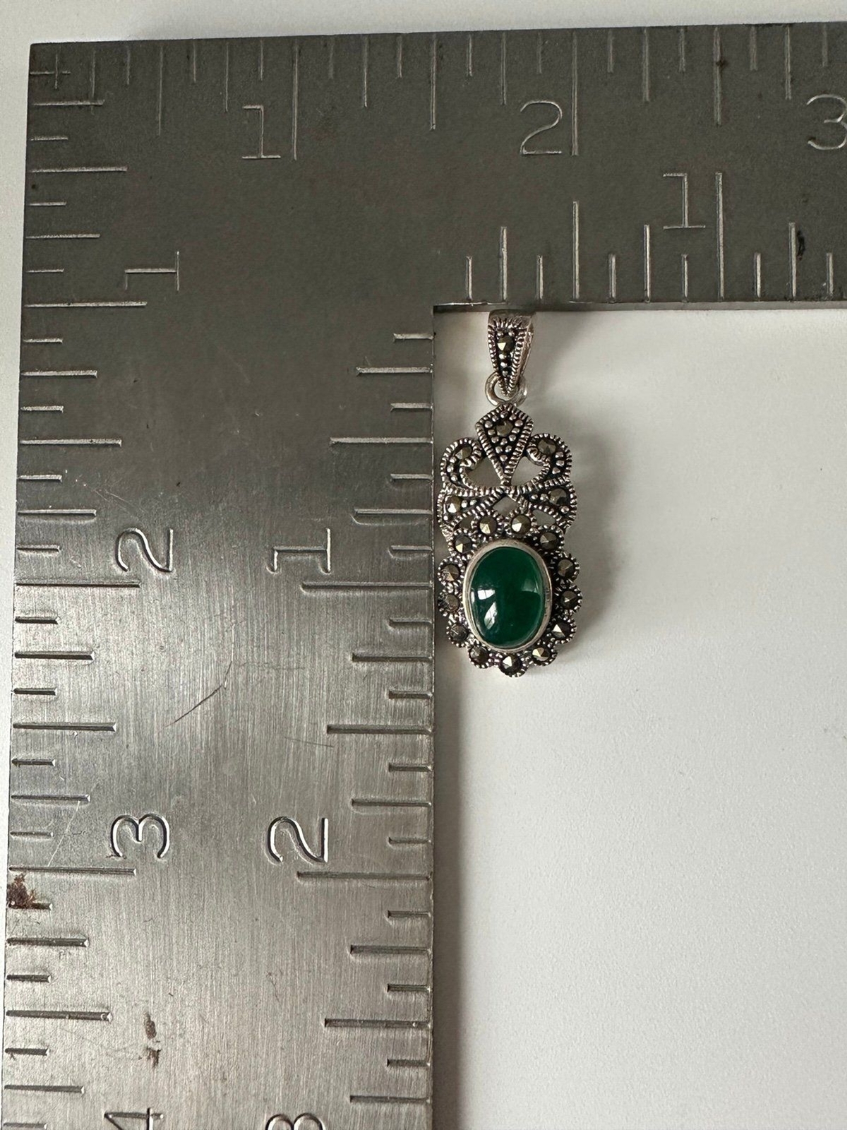 Vintage sterling silver marcasite green onyx Pendant