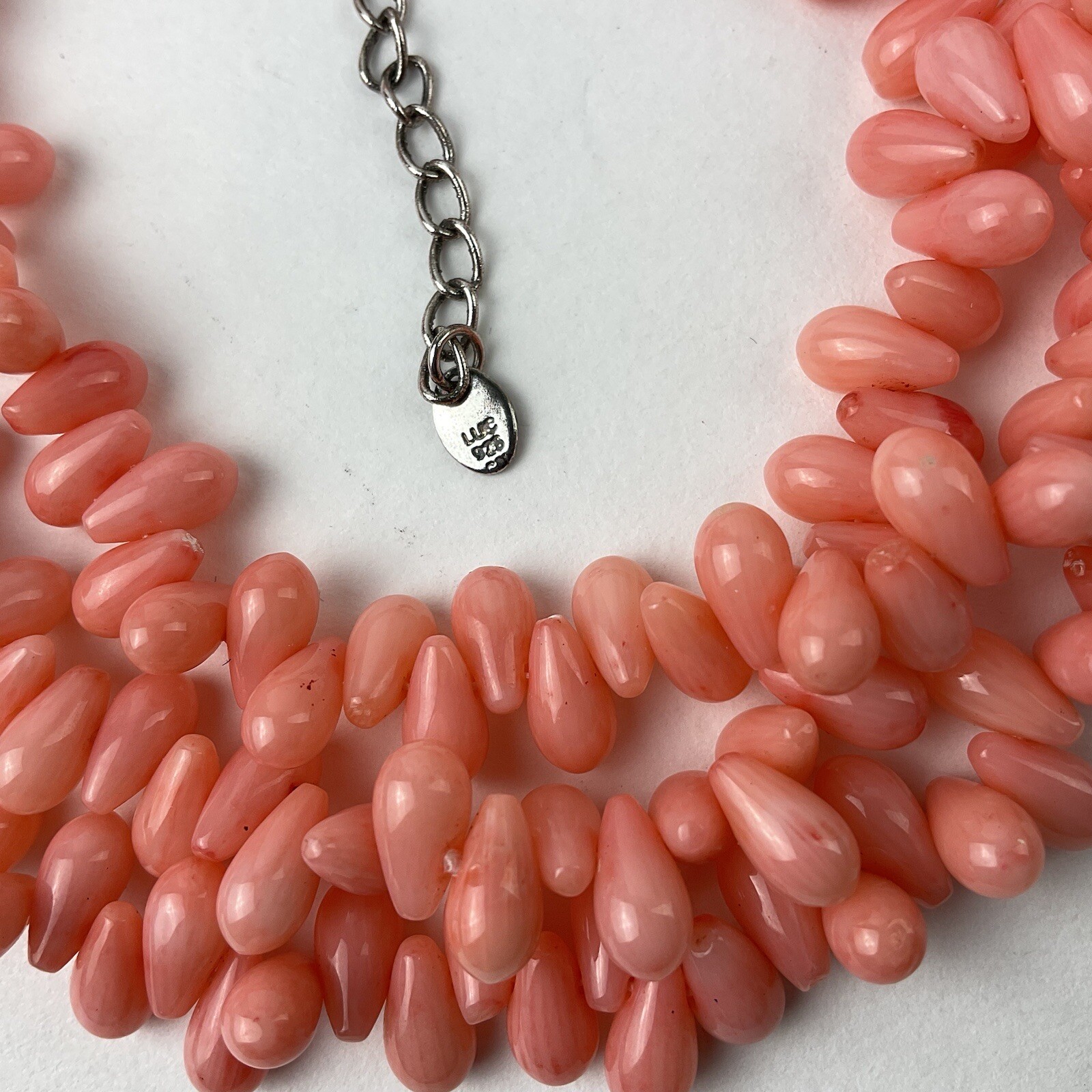 LUC Lucas Lameth 3 Strand Peach Coral Necklace Teardrop Beaded Sterling Silver