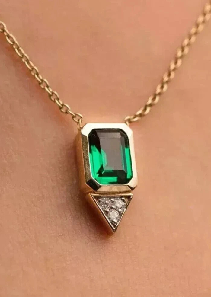 2.00Ct Emerald Cut Lab Created Emerald & Diamond Pendant 14K Yellow Gold Plated