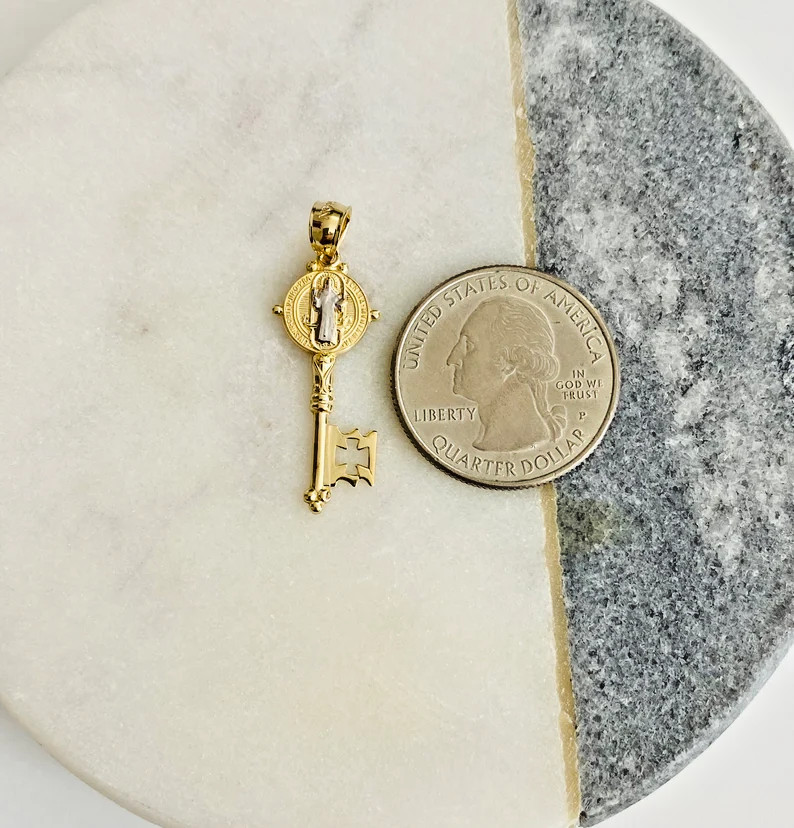 14K Solid Gold Saint Benedict 1.3″ Key, 14K Real Gold San Benito Pendant – PT738