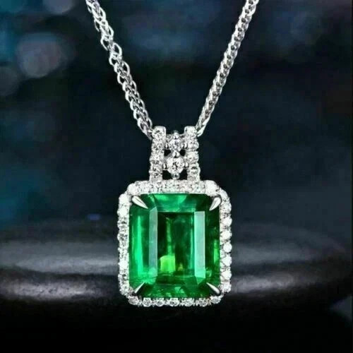 Emerald Cut LabCreated Green Emerald Womens Pendant withChain 14KWhite Gold Over