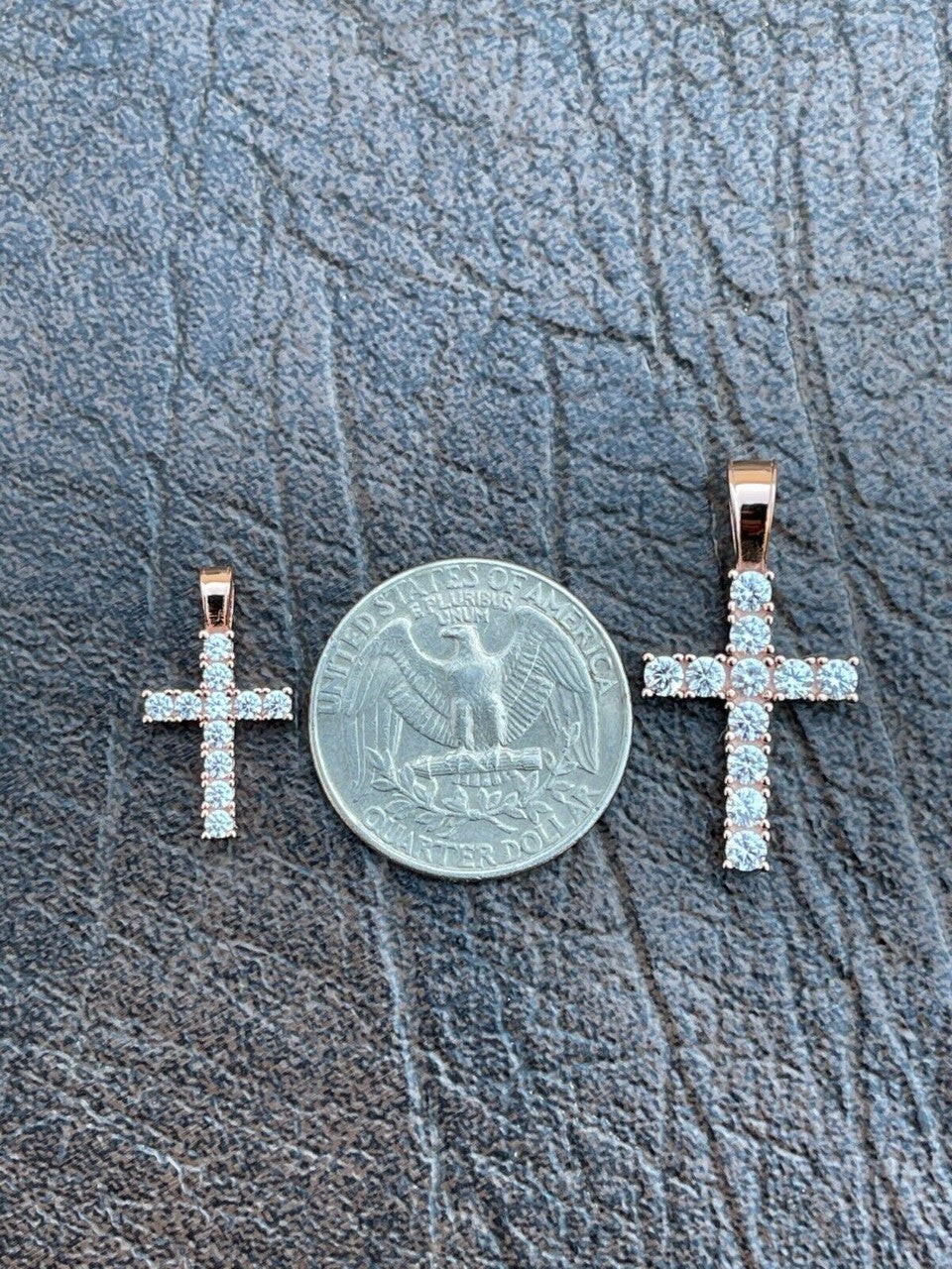 Tennis Cross Iced Pendant – Rose Gold Vermeil 925 Silver – 5 Sizes 0.75″-2.25″