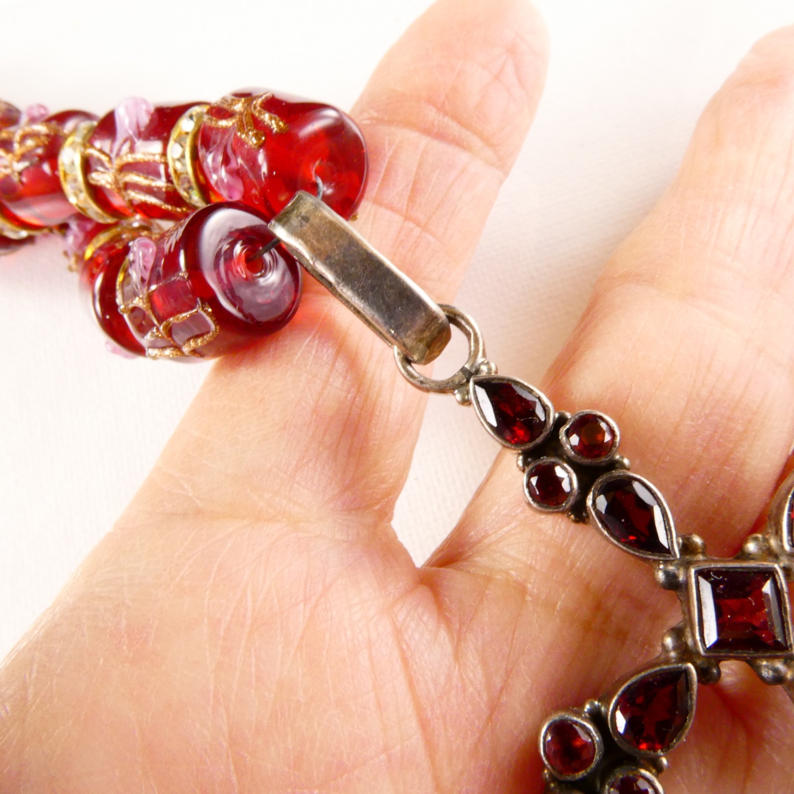 Sterling Silver Garnet Cross Pendant Necklace Red Glass Barrel Beads Crystals