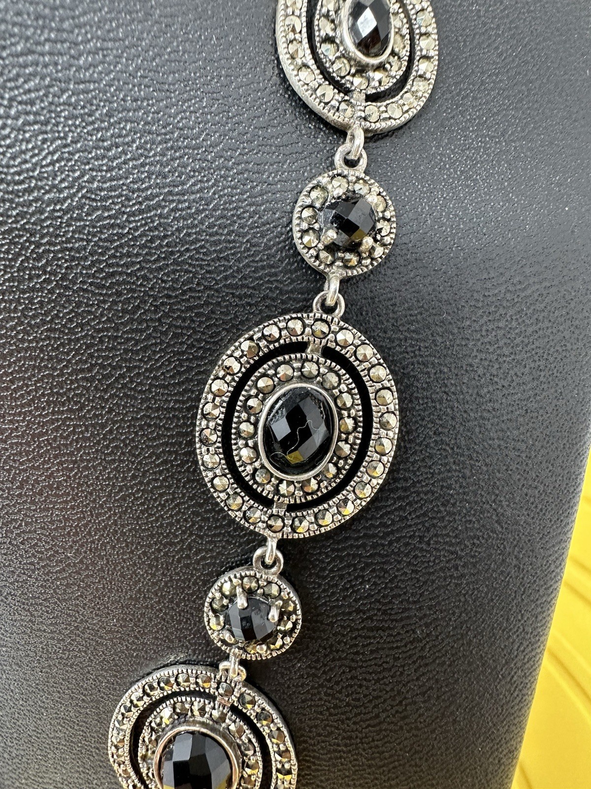 Sterling Silver Onyx & Marcasite Y-Drop Choker Necklace Modern Elegant 47g 17”+