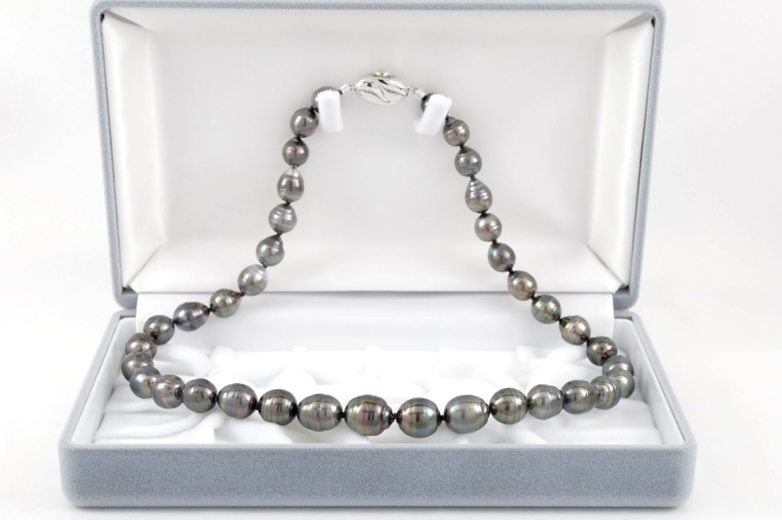Black South Sea Pearl Necklace 8-12mm 18″ Silver Clasp Japan Jewelry Maki