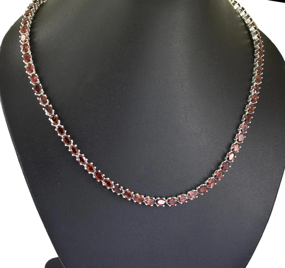 20TCW Oval Cut Lab Created Red Garnet Tennis Necklace 925 Sterling Silver