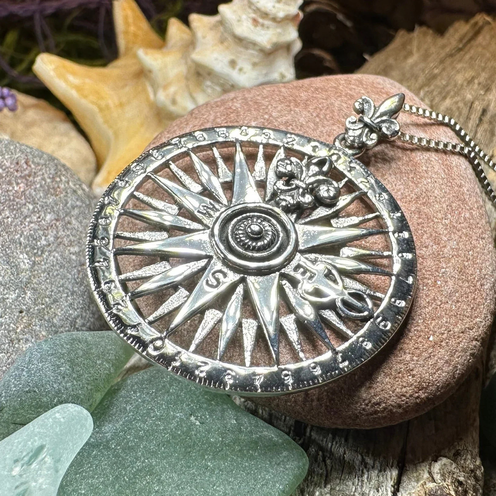Compass Necklace Sterling Silver Fleur de Lis 925 Pendant Nautical Beach W/CHAIN