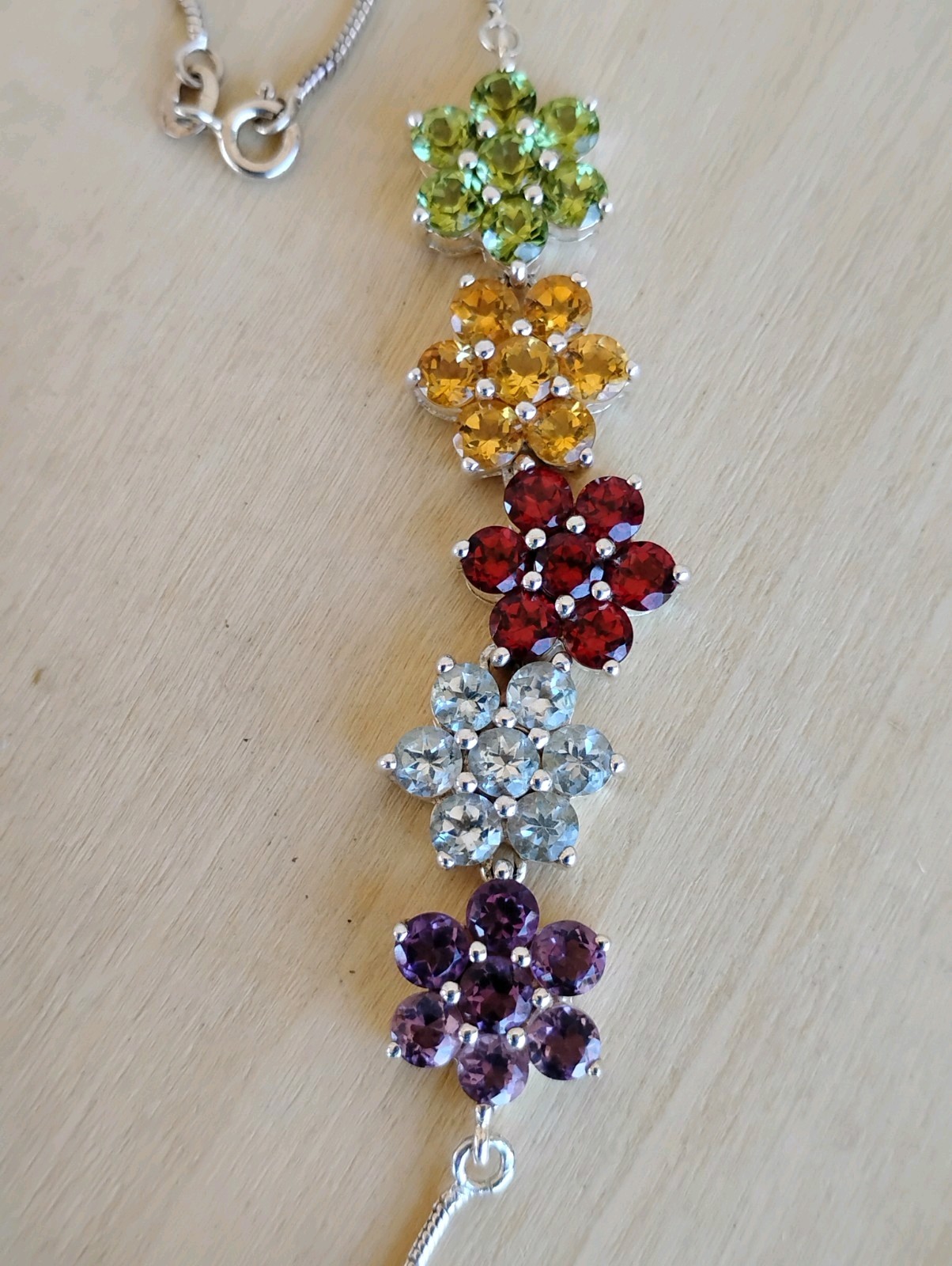 Thai Sterling Silver 925 Multi-Gem Floral Necklace Garnet Amethyst Topaz 20.5″