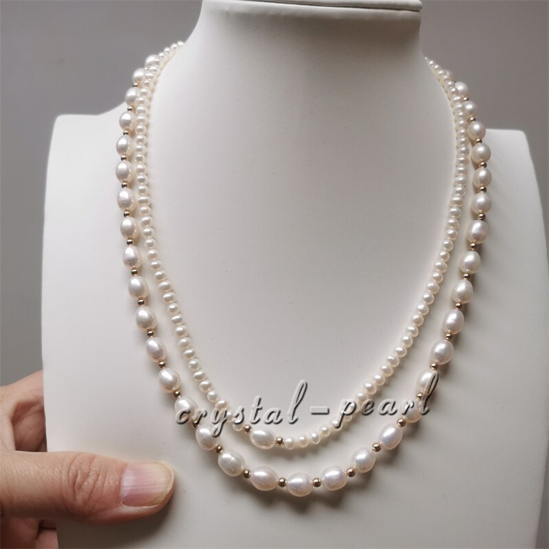 Double strands natural AAA white pearl necklace 17″ 19“ 14K GOLD CLASP