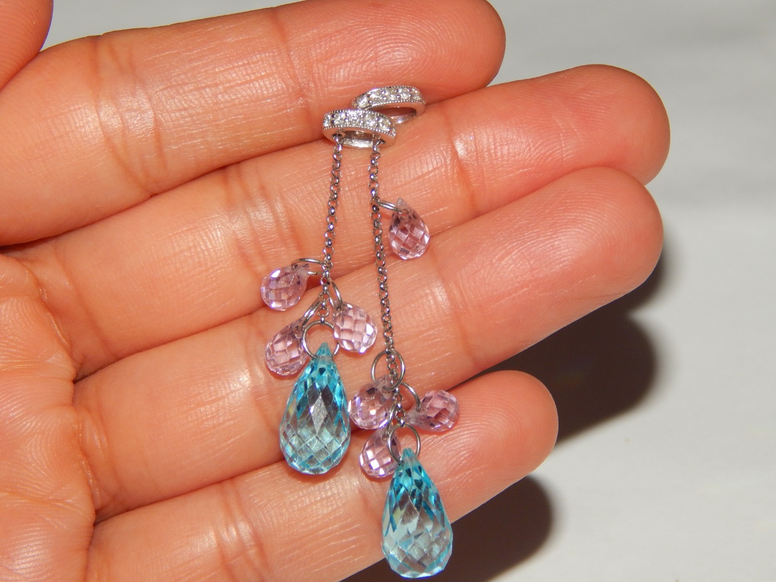 14K WHITE GOLD DIAMOND & BLUE PINK TOPAZ 2 INCH DANGLE PENDANT