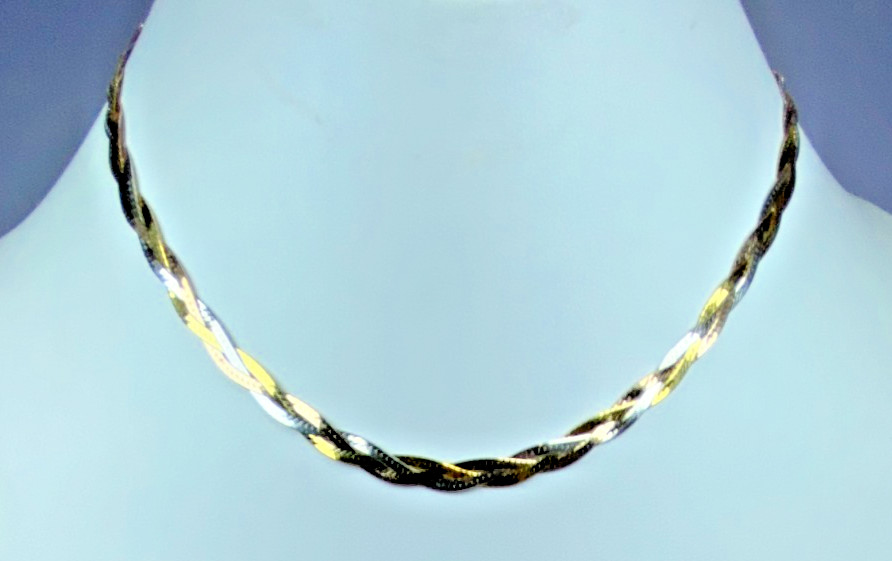 22K Gold Over Sterling Silver AGI Signed Tri Color Braided Necklace 18″ NOS 9.7g