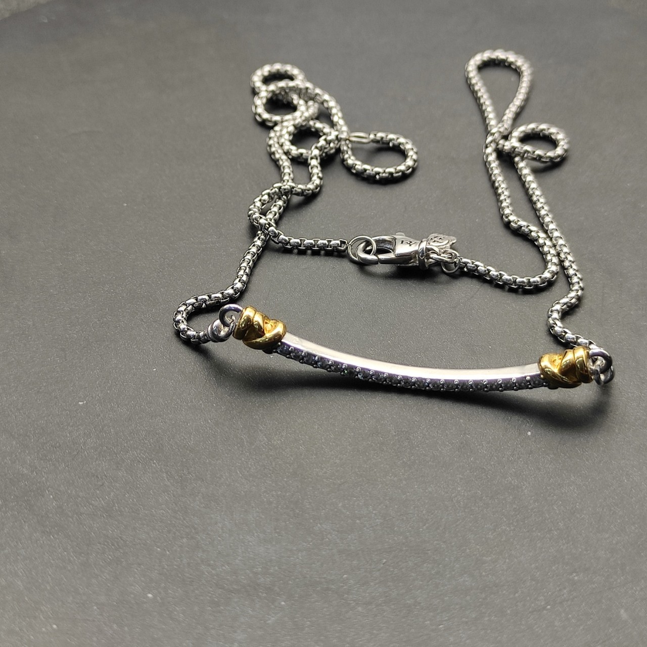 David Yurman Two Tone Crossover Bar Pendant 925 Silver 18K Gold Pave Diamond 55