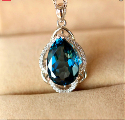 3Ct Pear Cut London Blue Topaz Tea Drop Pendant 14K White Gold Finish Free Chain
