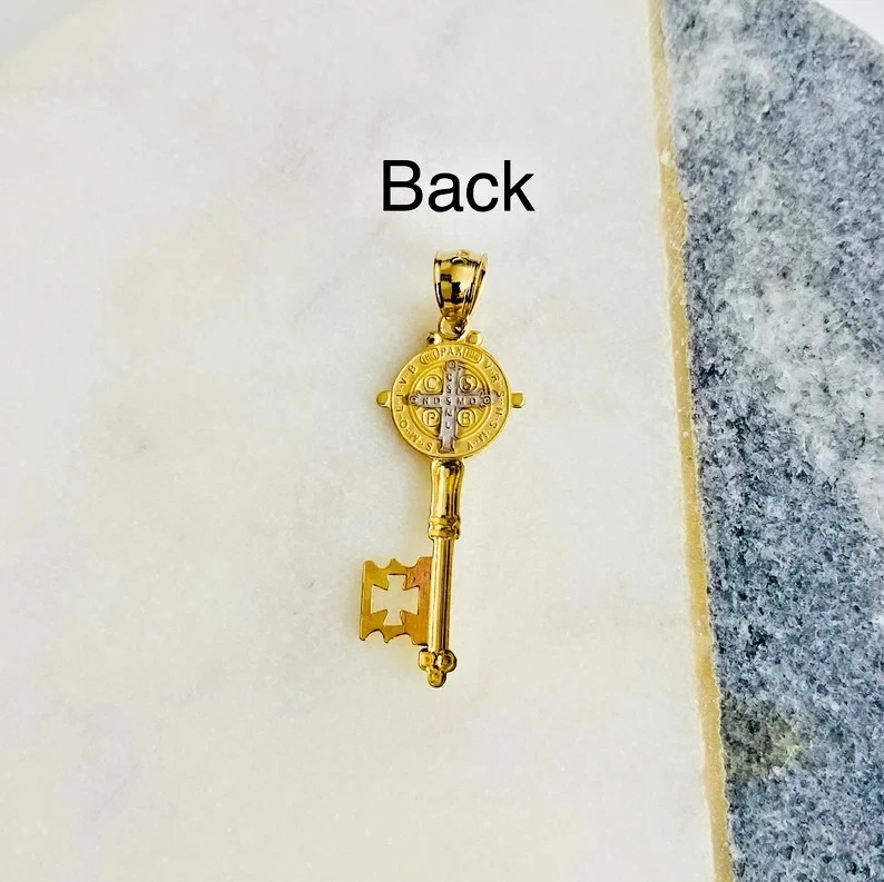 Small Tiny 14K Gold Saint Benedict Key Pendant – 1.3″ San Benito 2T Gold Charm
