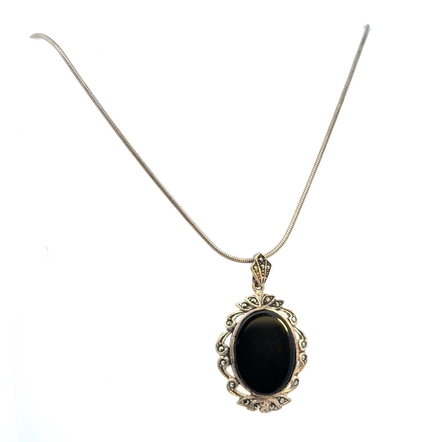 18” x 1.22mm .925 Sterling Silver Onyx & Marcasite Pendant Necklace 9.9g