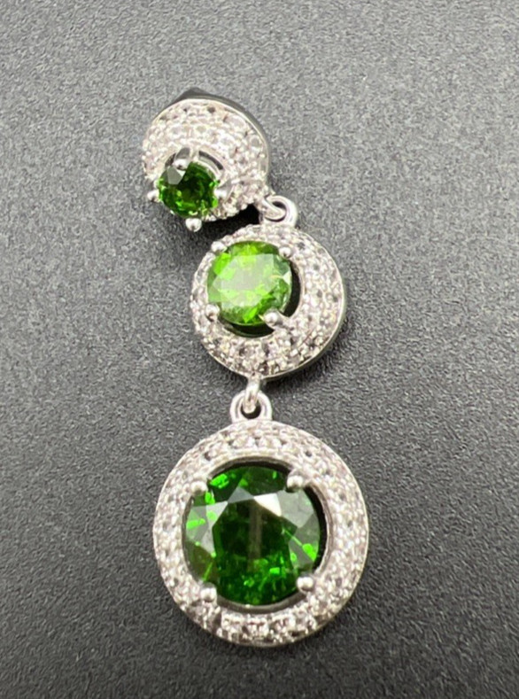 Green Stone & White/colorless CZ 3-tier Sterling Silver 925 Halo Pendant