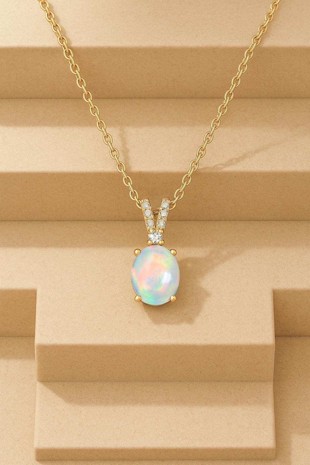 Ethiopian White Opal Gemstone Oval Charm Pendant Necklace, Natural Opal Gemstone