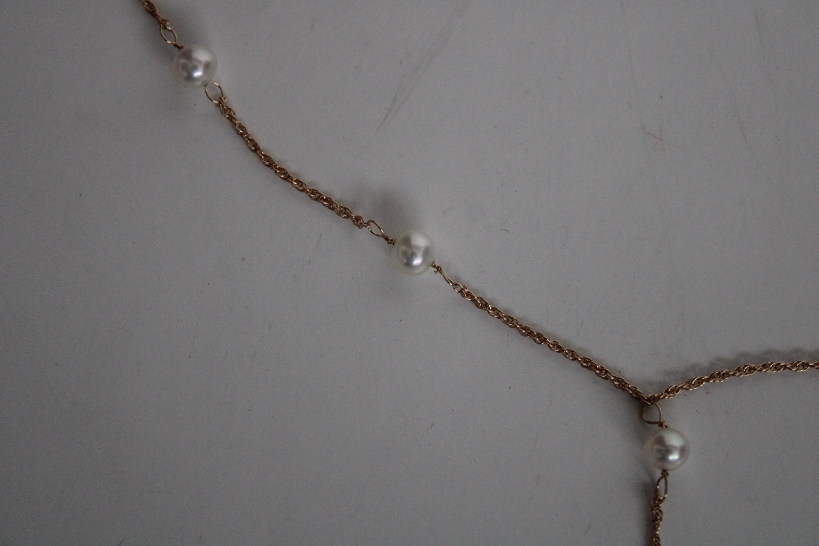 Vintage 14k Yellow Gold & Pearl Y Drop Dangle Necklace, HZ (16.25″)