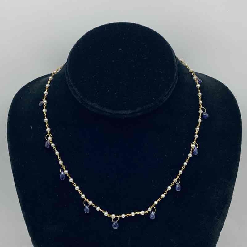 14K Yellow Gold Blue Topaz Pearl Station Dangle Necklace 17.25″ 7.28g