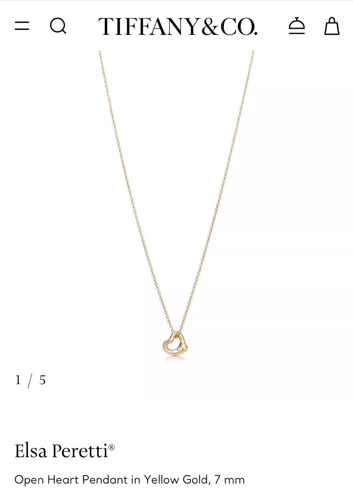 Tiffany & Co. Elsa Peretti 18K Gold Open Heart Pendant Necklace 7mm