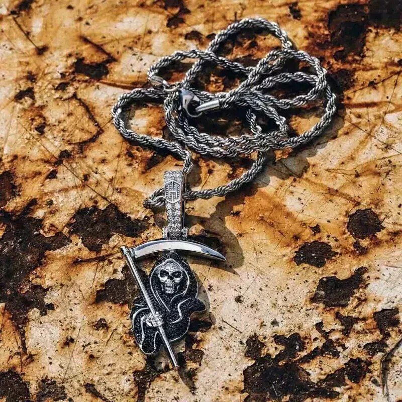 3 Carat Black AAA Round Diamond Halloween God Of Death Pendant 14K White Finish