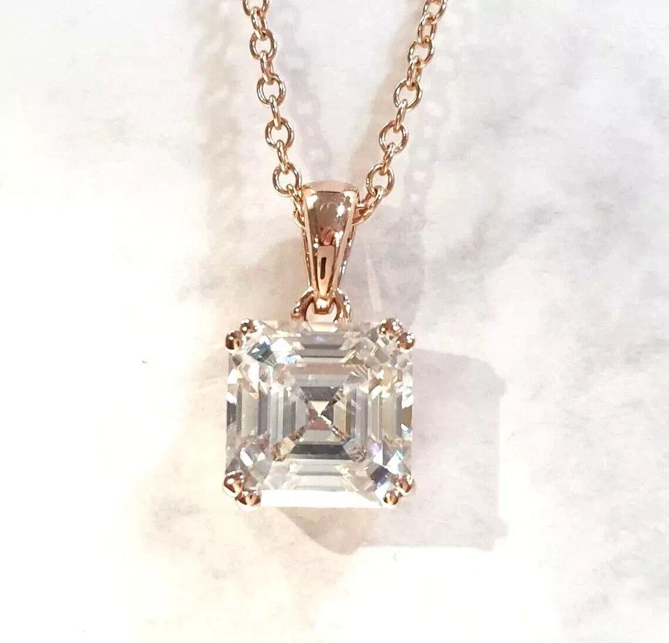 2Ct Asscher Cut Moissanite Solitaire Pendant Necklace 18″ 14K Rose Gold Plated
