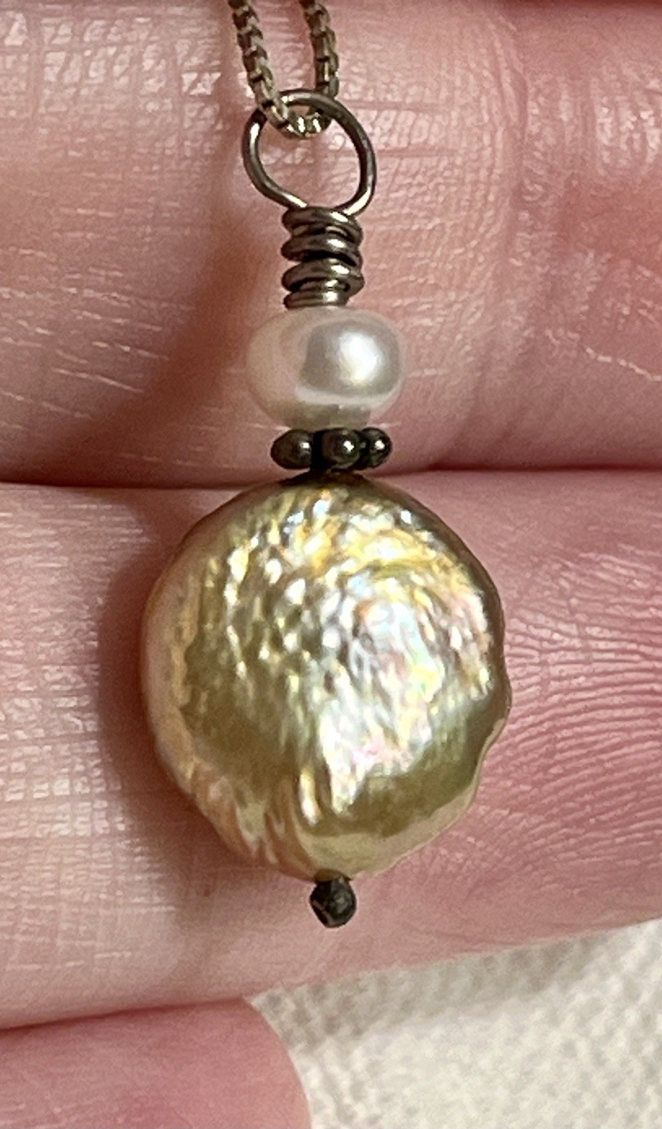 Vintage Sterling Silver .925 Necklace with Artisan Coin Pearl Pendant