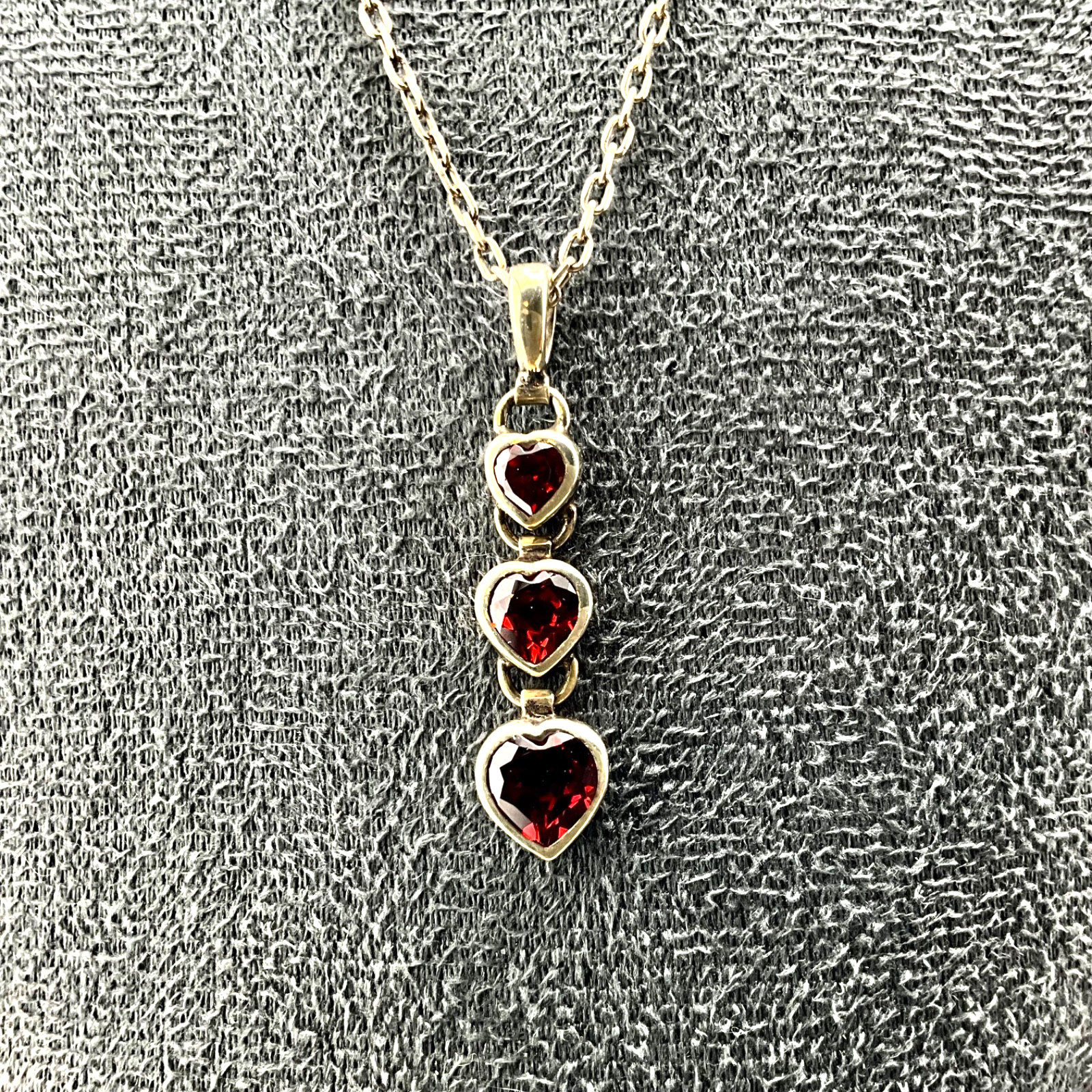 Minimalist Sterling Silver Three Heart Pendant Red Garnet with 17” Chain