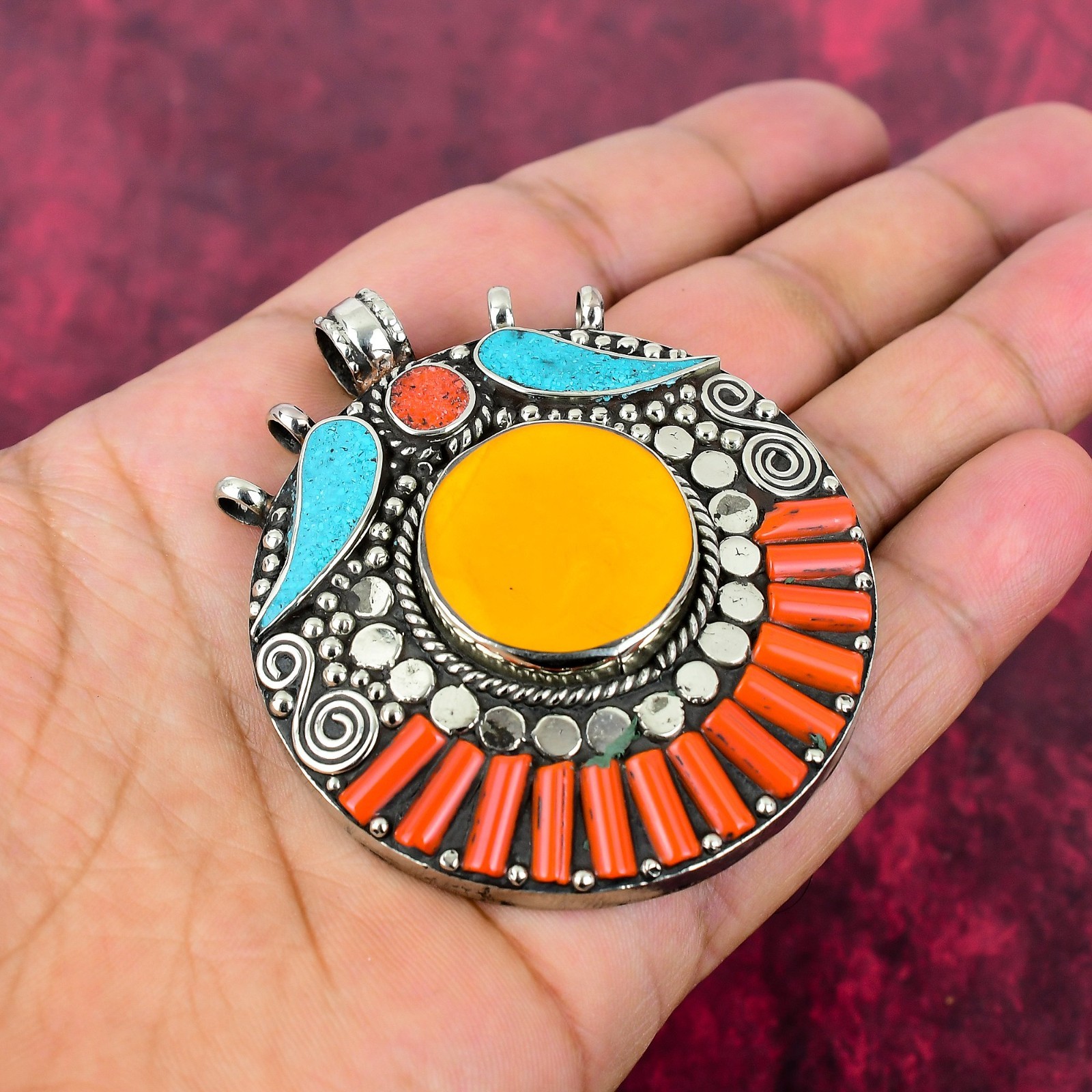 Turquoise, Coral Gemstone Handmade 925 Sterling Silver Nepali Pendant Jewelry