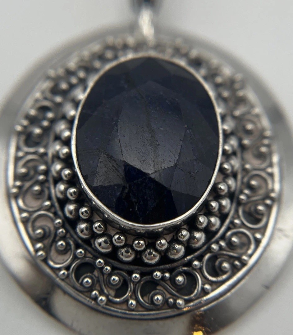 925 Sterling Dark Blue Sodalite Faceted Oval Statement Pendant 2.25” Signed BNY