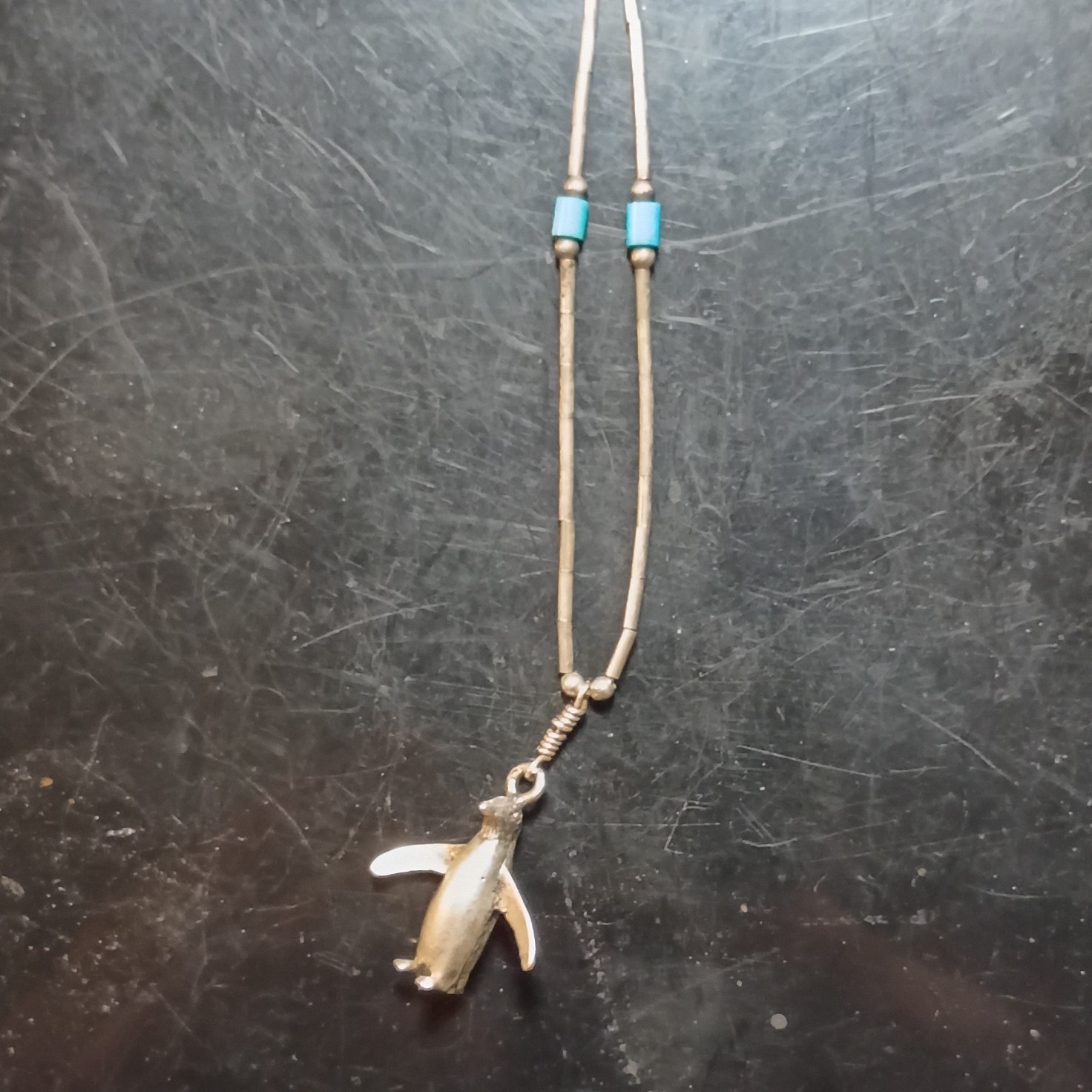 925 Liquid Silver Penguin Charm Pendant Necklace with Blue Turquoise Beads,