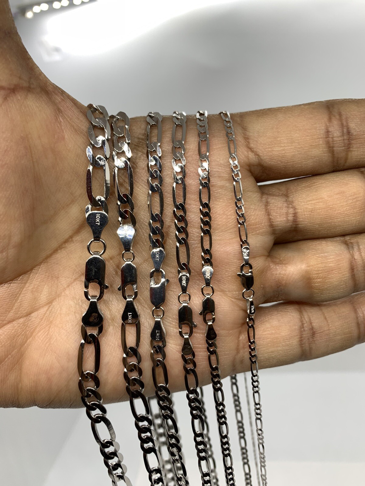 10K Solid White Gold Figaro Link Chain/Necklace Men’s/Women’s 2.2m-6mm 16″-30″